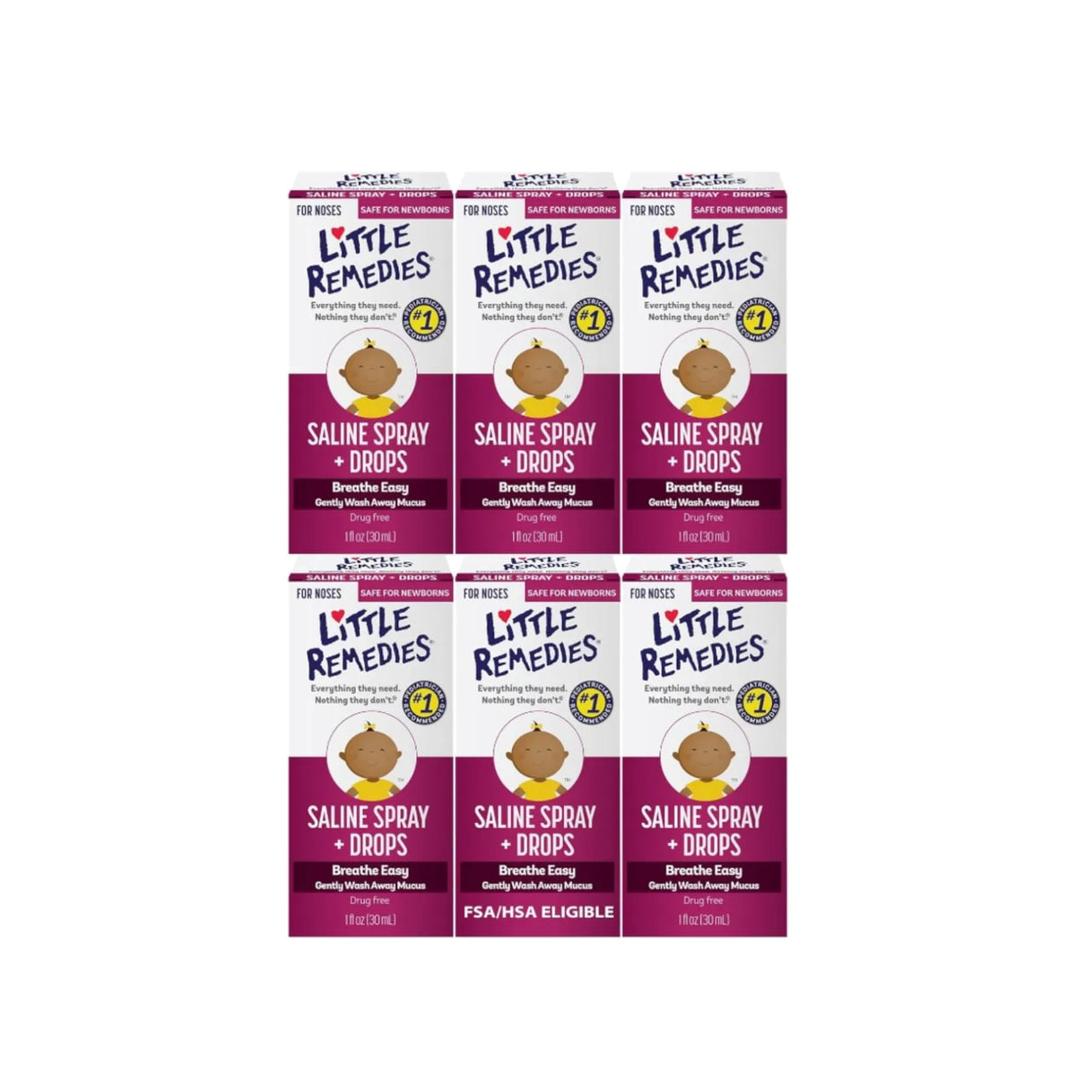 Six boxes of Little Remedies Saline Spray and Drops 0.5 fl oz displayed together showing front packaging
