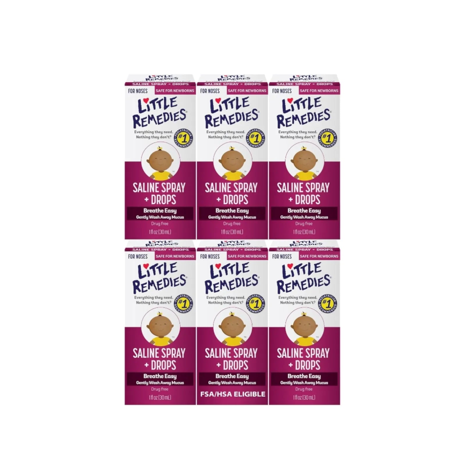 Six boxes of Little Remedies Saline Spray and Drops 0.5 fl oz displayed together showing front packaging