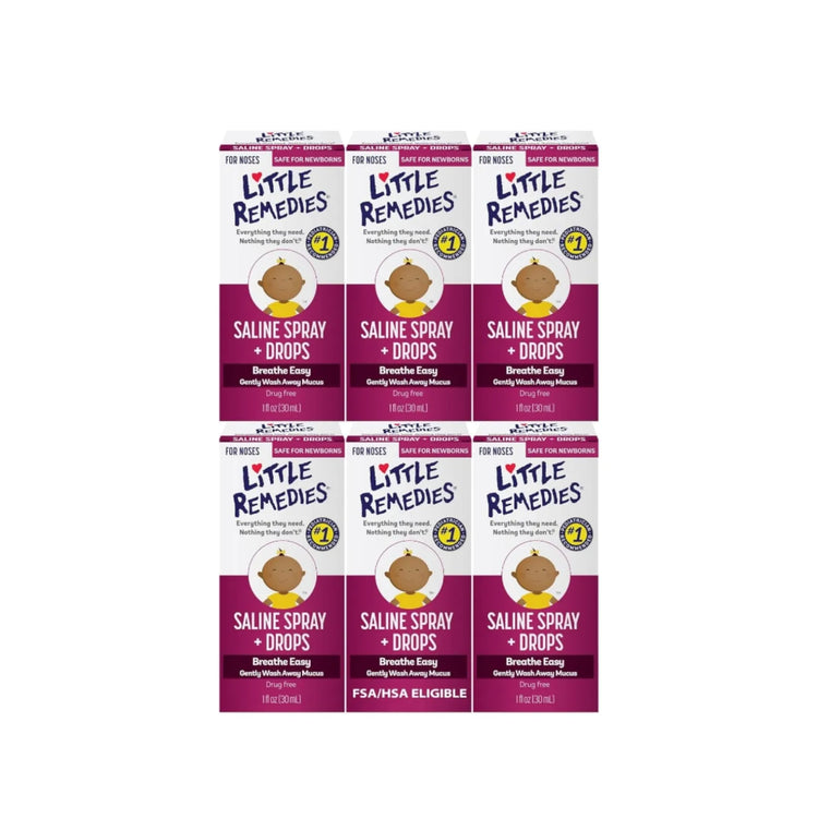 Six boxes of Little Remedies Saline Spray and Drops 0.5 fl oz displayed together showing front packaging