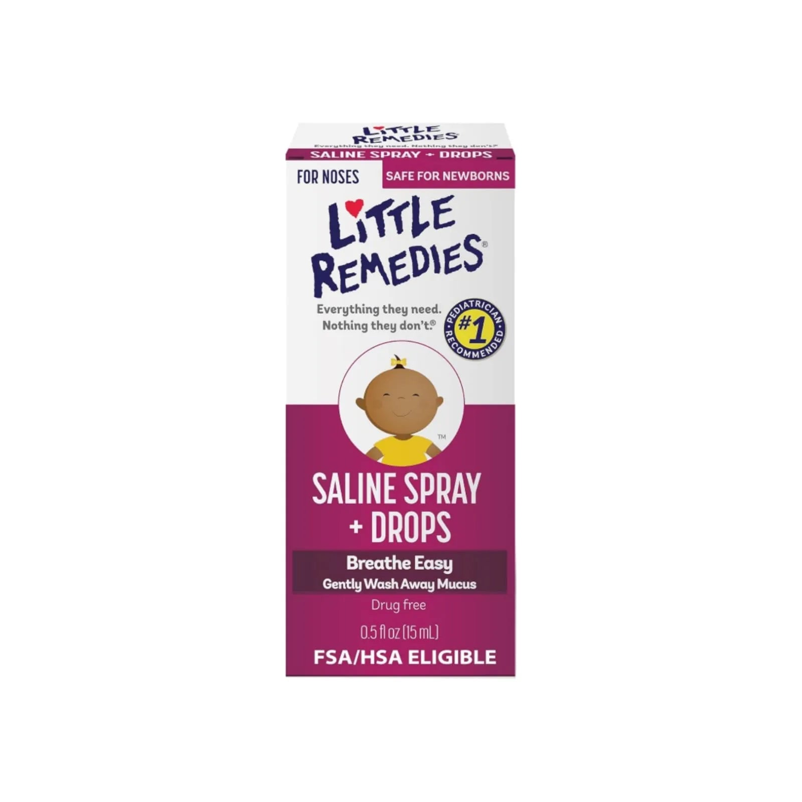 Front view of Little Remedies Saline Spray and Drops 0.5 fl oz box safe for newborns