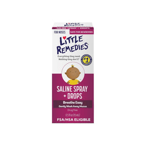 Front view of Little Remedies Saline Spray and Drops 0.5 fl oz box safe for newborns