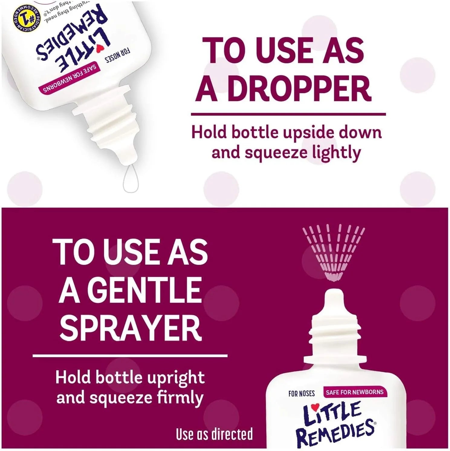 Instructional image showing how to use Little Remedies Saline Spray and Drops as dropper or gentle spray