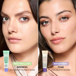 Before and after results of L'Oréal Paris BB Cream Light showing redness neutralizing effect and brighter, smoother complexion
