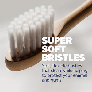 Macro image of soft flexible bristles on bamboo toothbrush head