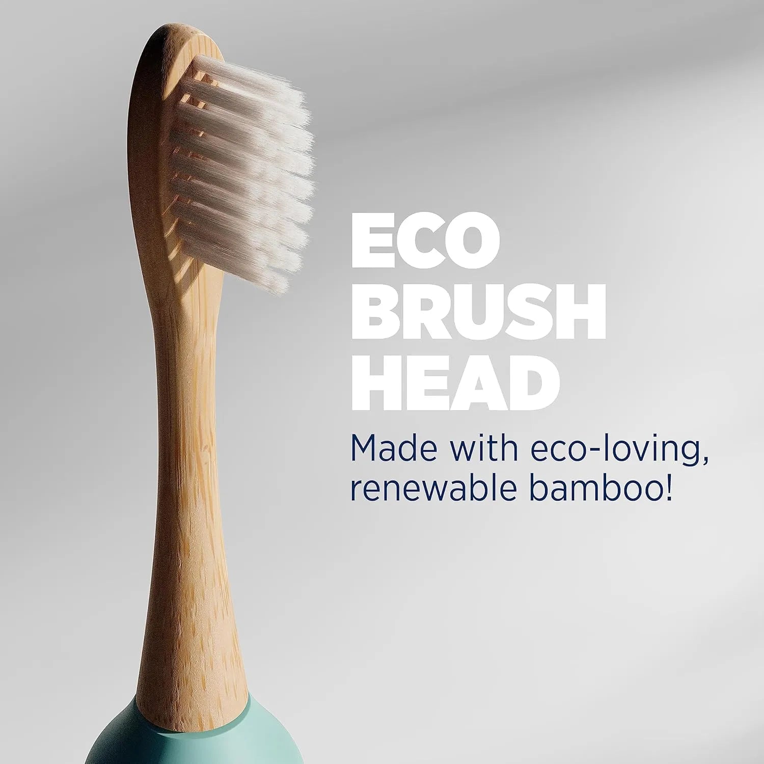 Close-up of bamboo toothbrush head with soft white bristles