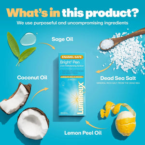 Lumineux Bright Whitening Pen enamel safe formula with sage oil, coconut oil, lemon peel oil and Dead Sea salt