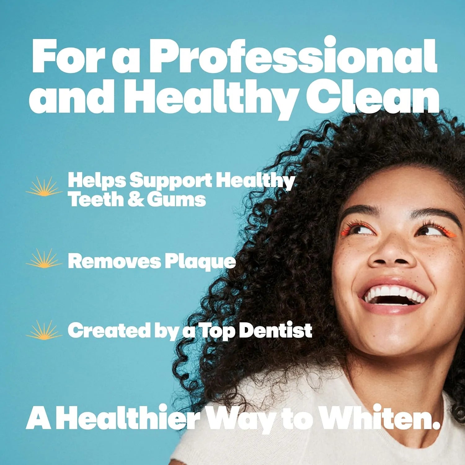 Woman smiling with text describing Lumineux toothpaste benefits including plaque removal and support for teeth and gums