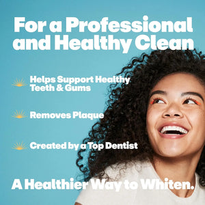 Woman smiling with text describing Lumineux toothpaste benefits including plaque removal and support for teeth and gums