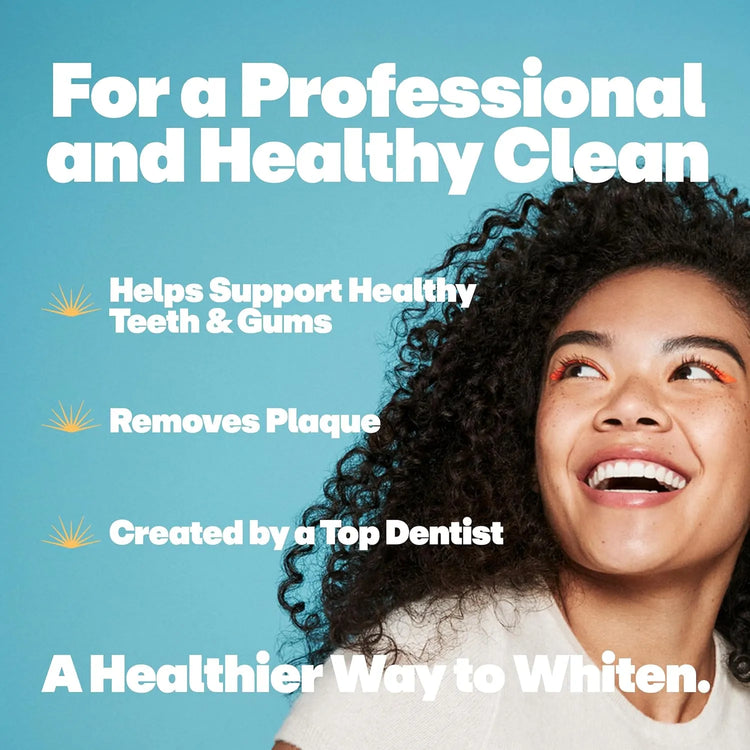 Woman smiling with text describing Lumineux toothpaste benefits including plaque removal and support for teeth and gums