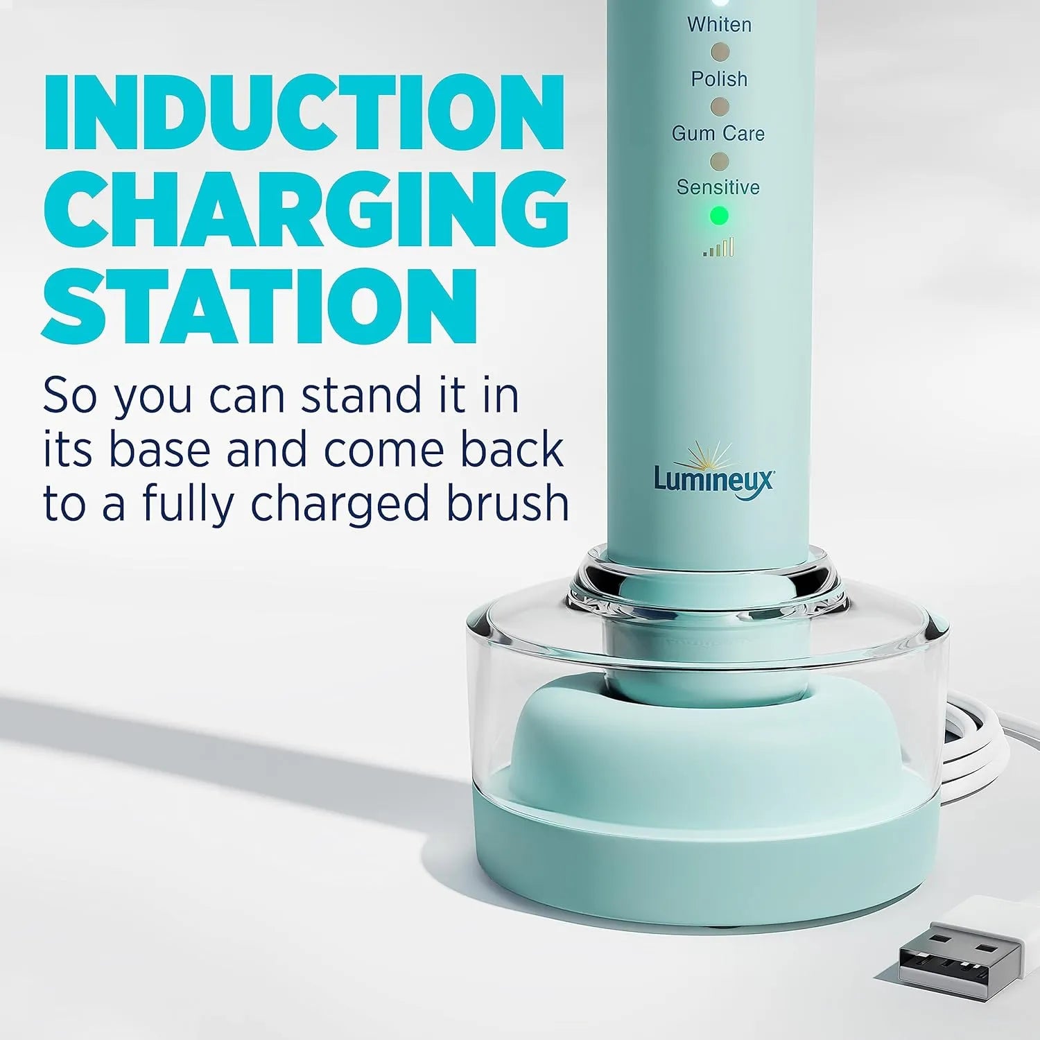 Lumineux electric toothbrush placed on induction charging station with USB cord