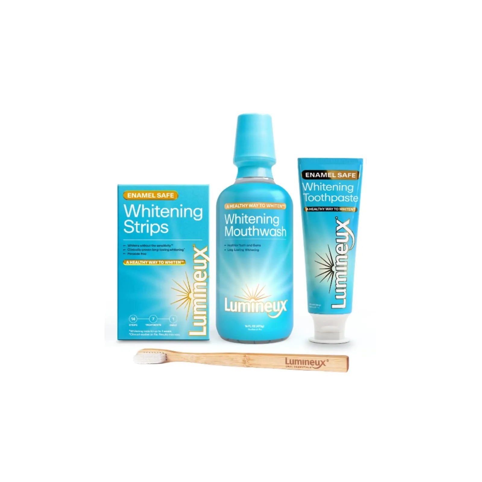 Lumineux peroxide free teeth whitening kit including whitening strips, mouthwash, toothpaste, and bamboo toothbrush