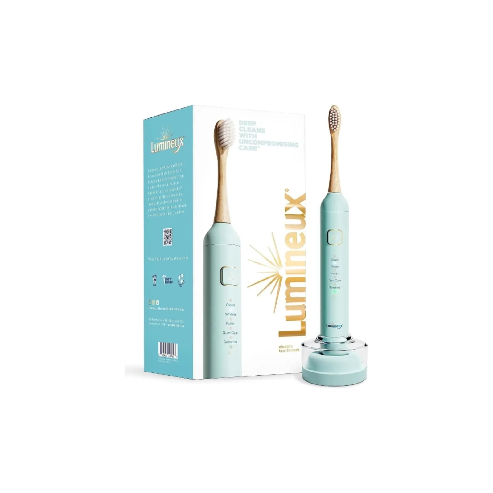 Lumineux sonic bamboo electric toothbrush with charging base and retail packaging box