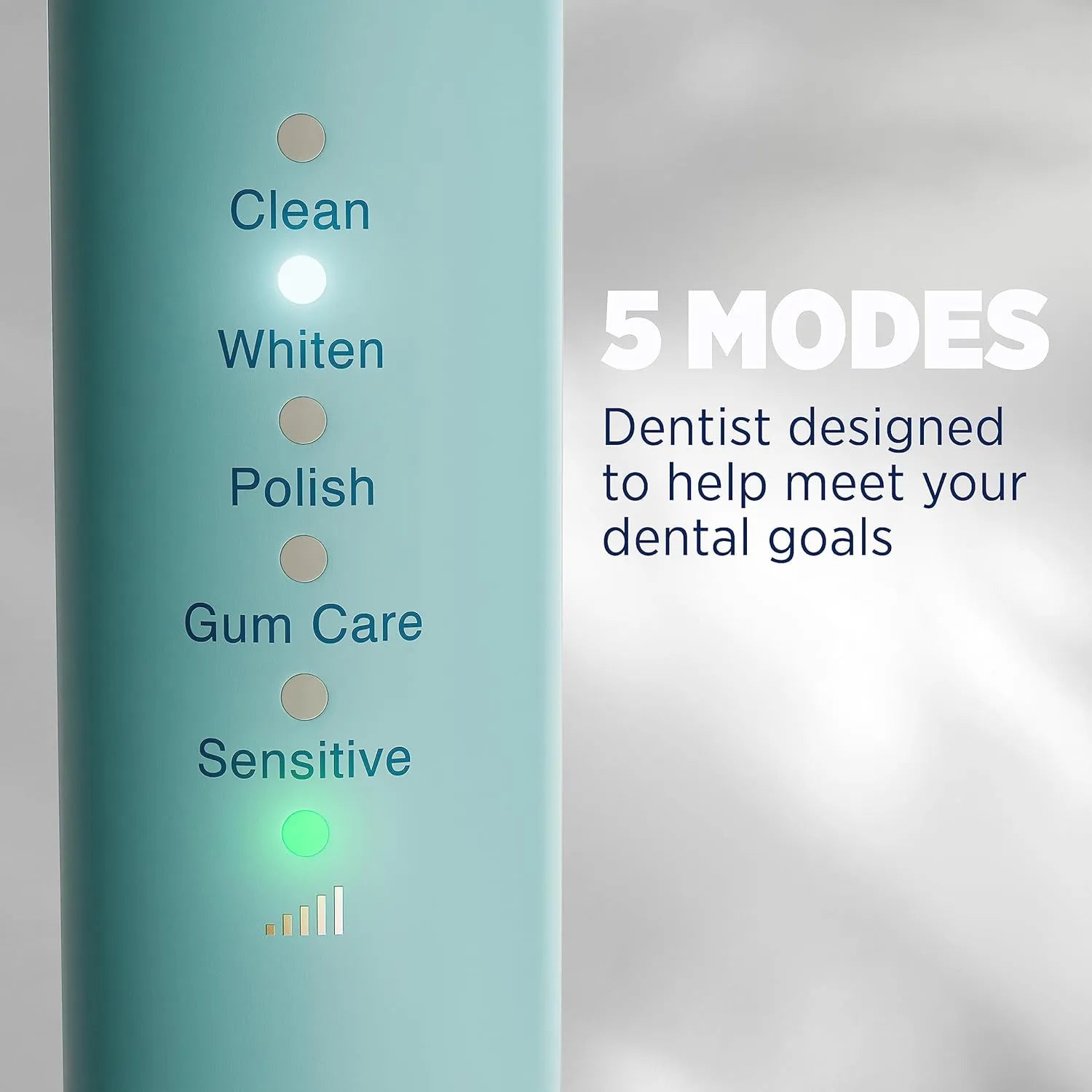 Lumineux electric toothbrush handle showing five cleaning modes including Clean, Whiten, Polish, Gum Care, and Sensitive
