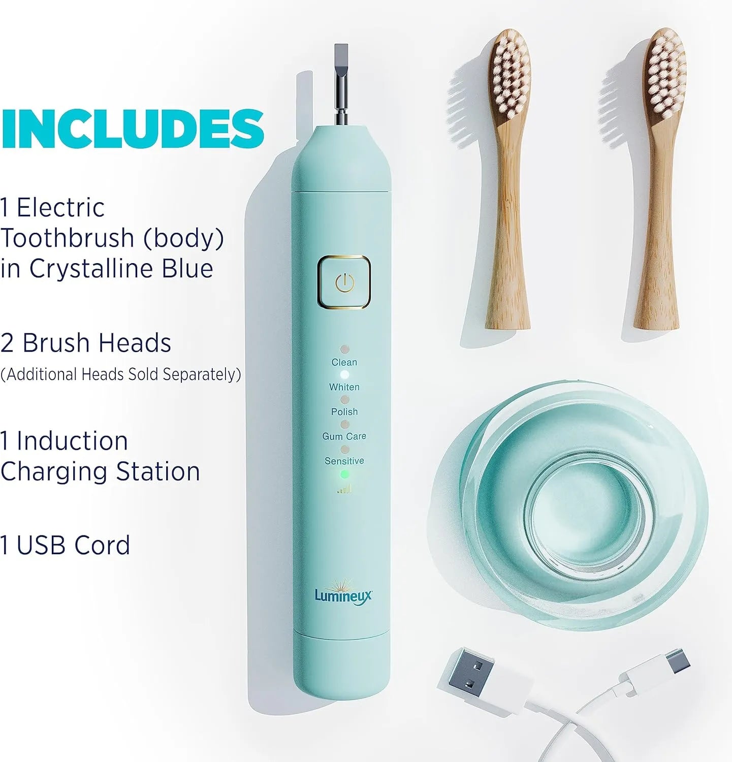 Lumineux electric toothbrush set including handle, two bamboo brush heads, induction charging base, and USB cord