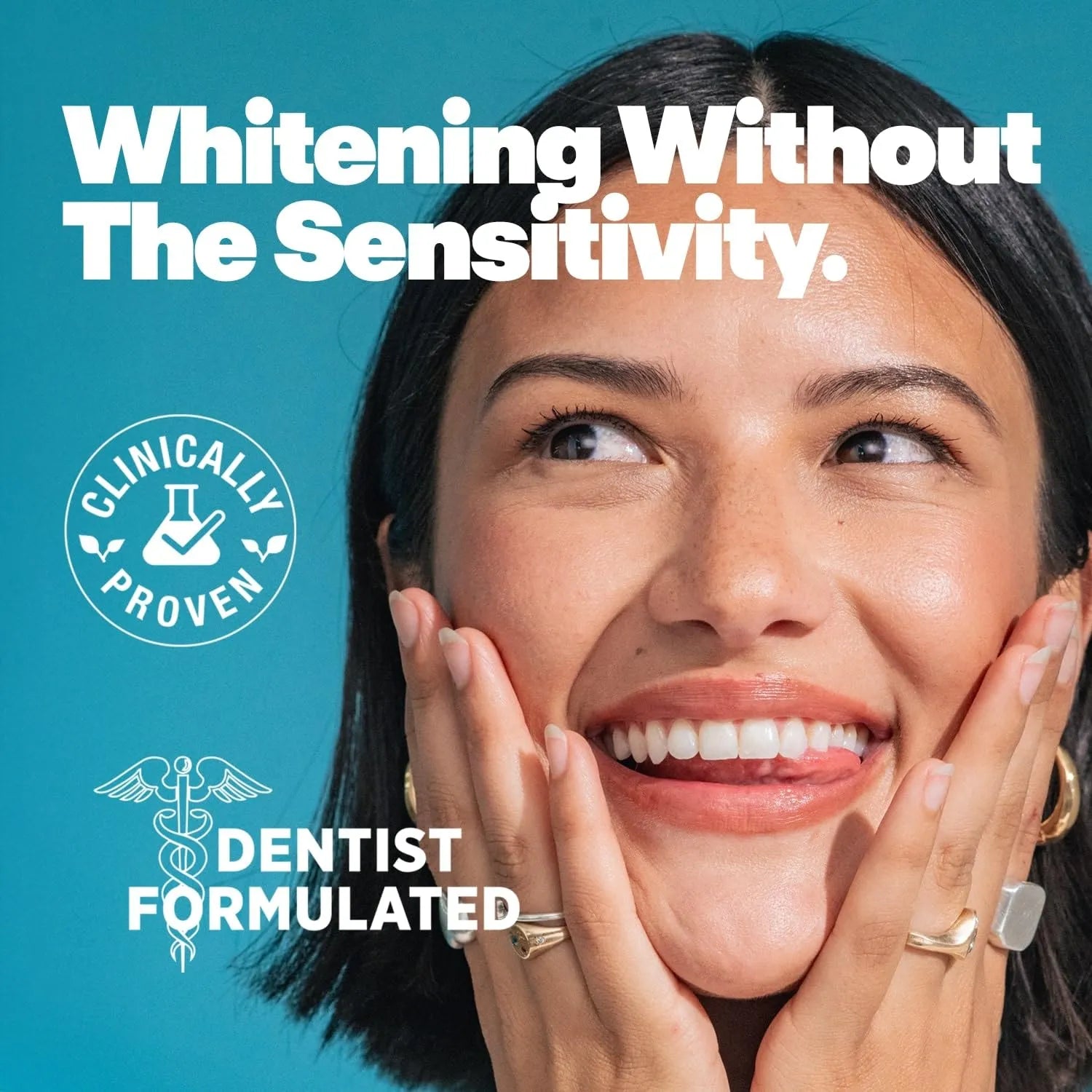 Woman smiling with white teeth and text about whitening without sensitivity and dentist formulated formula