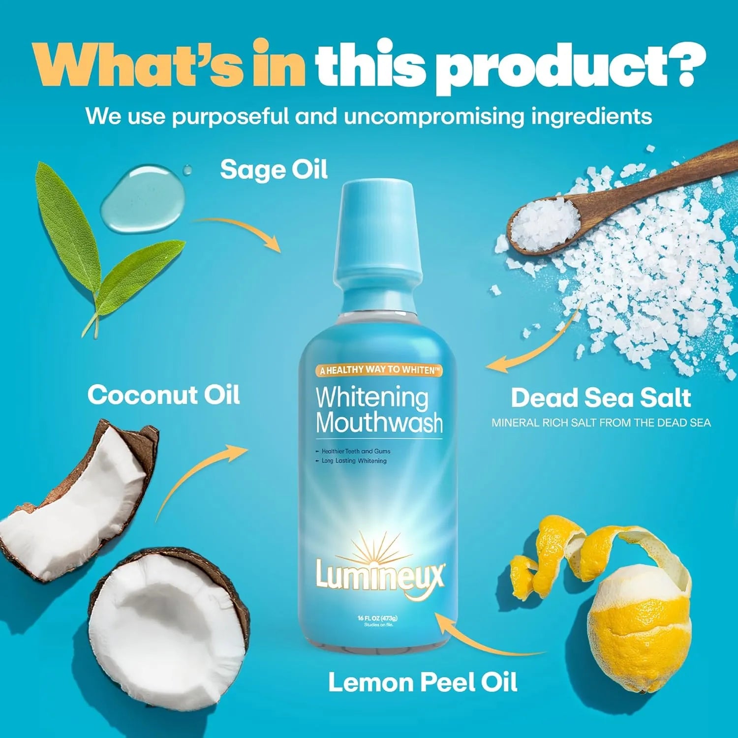 Lumineux whitening mouthwash bottle with ingredient visuals including sage oil, coconut oil, Dead Sea salt, and lemon peel oil
