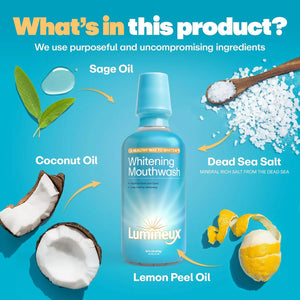 Lumineux whitening mouthwash bottle with ingredient visuals including sage oil, coconut oil, Dead Sea salt, and lemon peel oil