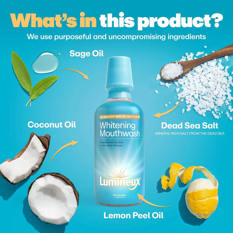 Lumineux whitening mouthwash bottle with ingredient visuals including sage oil, coconut oil, Dead Sea salt, and lemon peel oil
