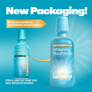 Lumineux whitening mouthwash bottles showing updated packaging design