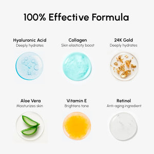 Key ingredients in MAREE V Line Lifting Mask including hyaluronic acid, collagen, aloe vera, vitamin E, retinol, and 24K gold.