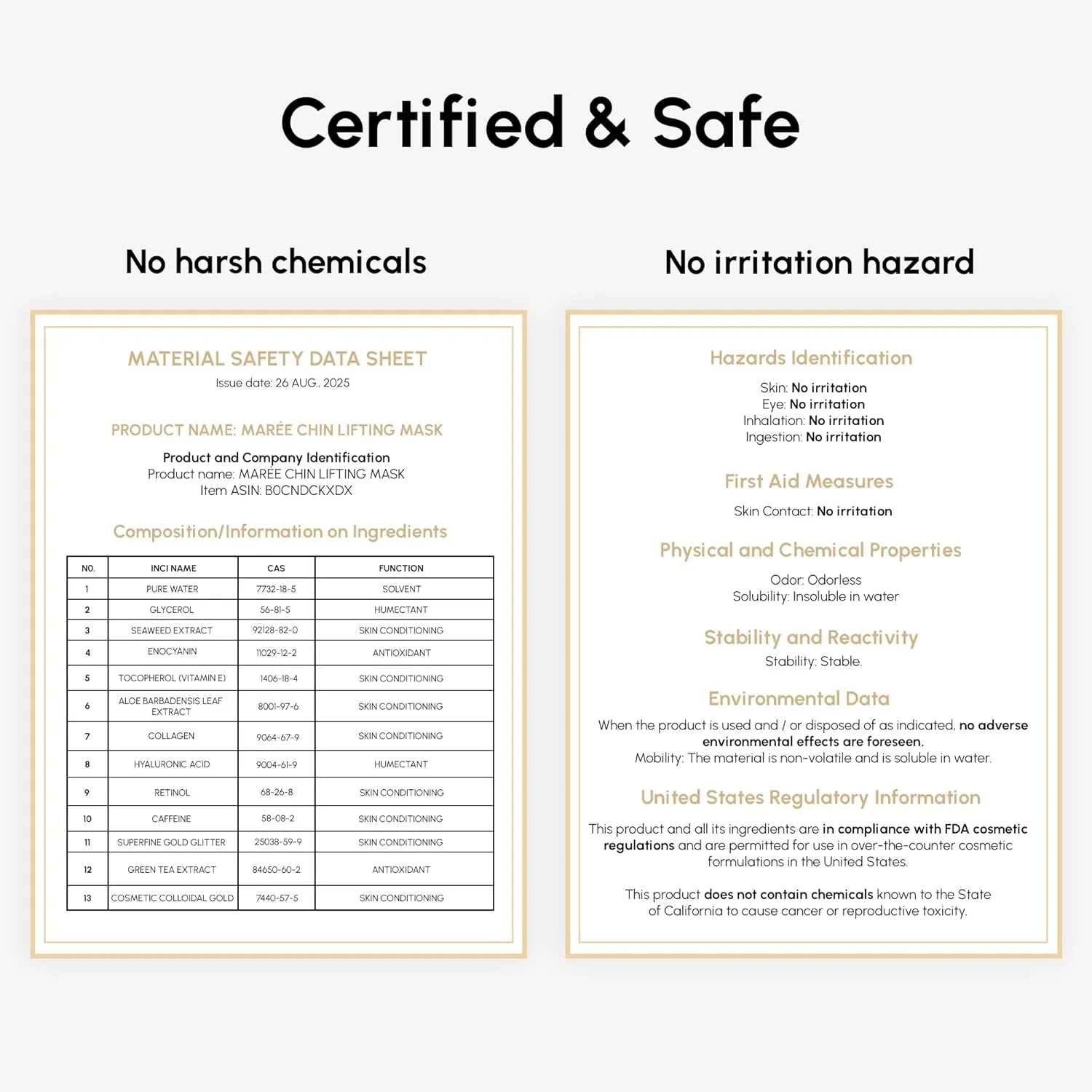 MAREE Chin Lifting Mask ingredient safety sheet highlighting no harsh chemicals and cosmetic compliance information.
