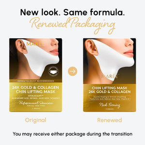 MAREE Chin Lifting Mask original and renewed packaging showing updated box design.