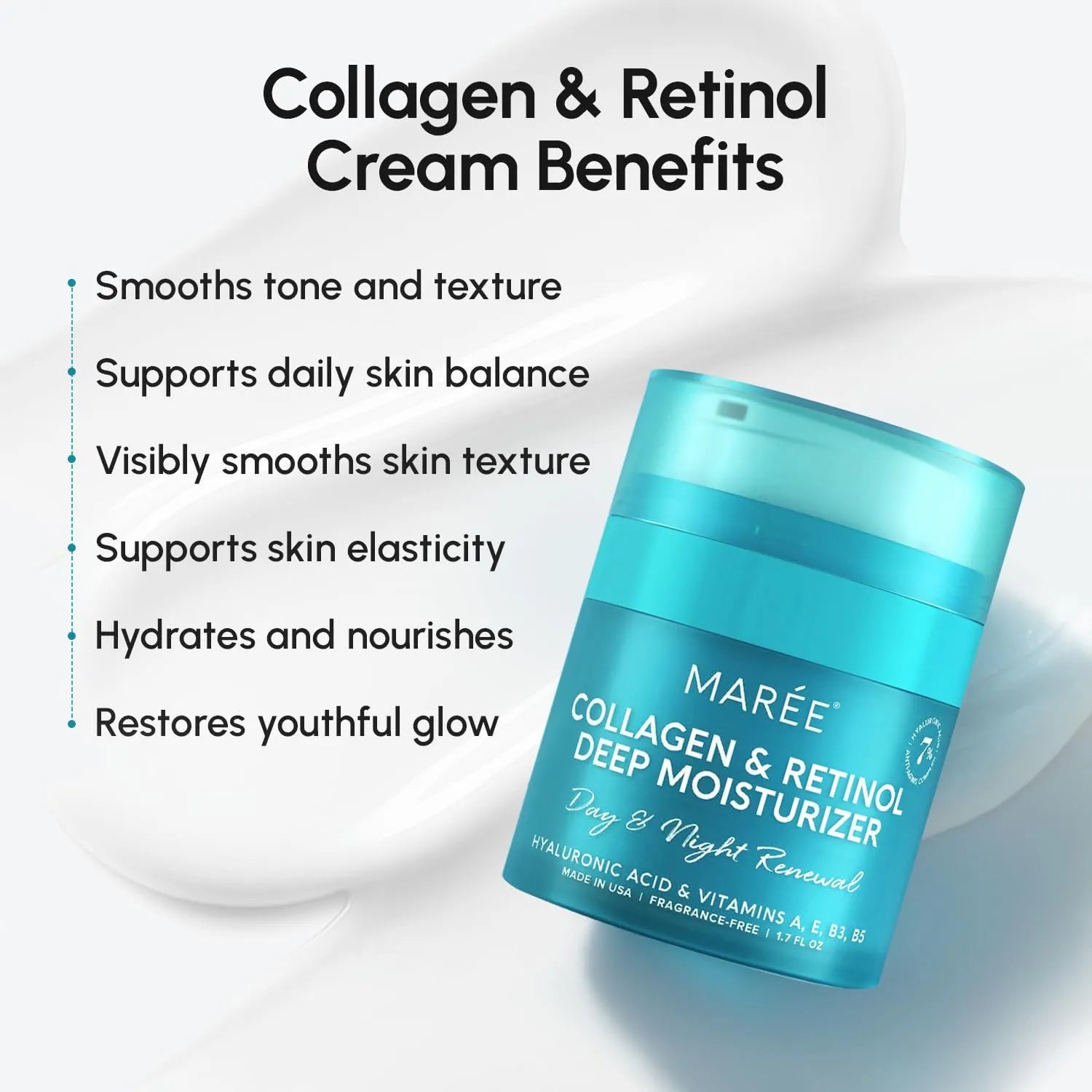 MAREE Collagen & Retinol Deep Moisturizer highlighting benefits such as smoother texture, hydration, and improved elasticity.