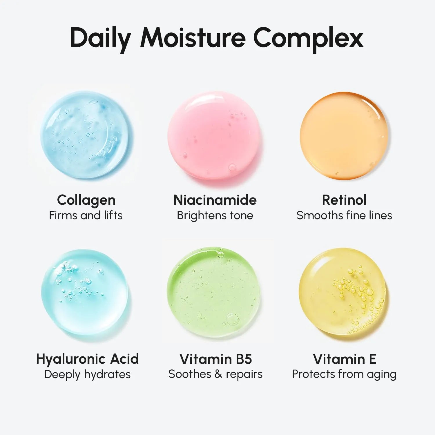 Ingredient display of collagen, niacinamide, retinol, hyaluronic acid, vitamin B5, and vitamin E in MAREE face moisturizer.