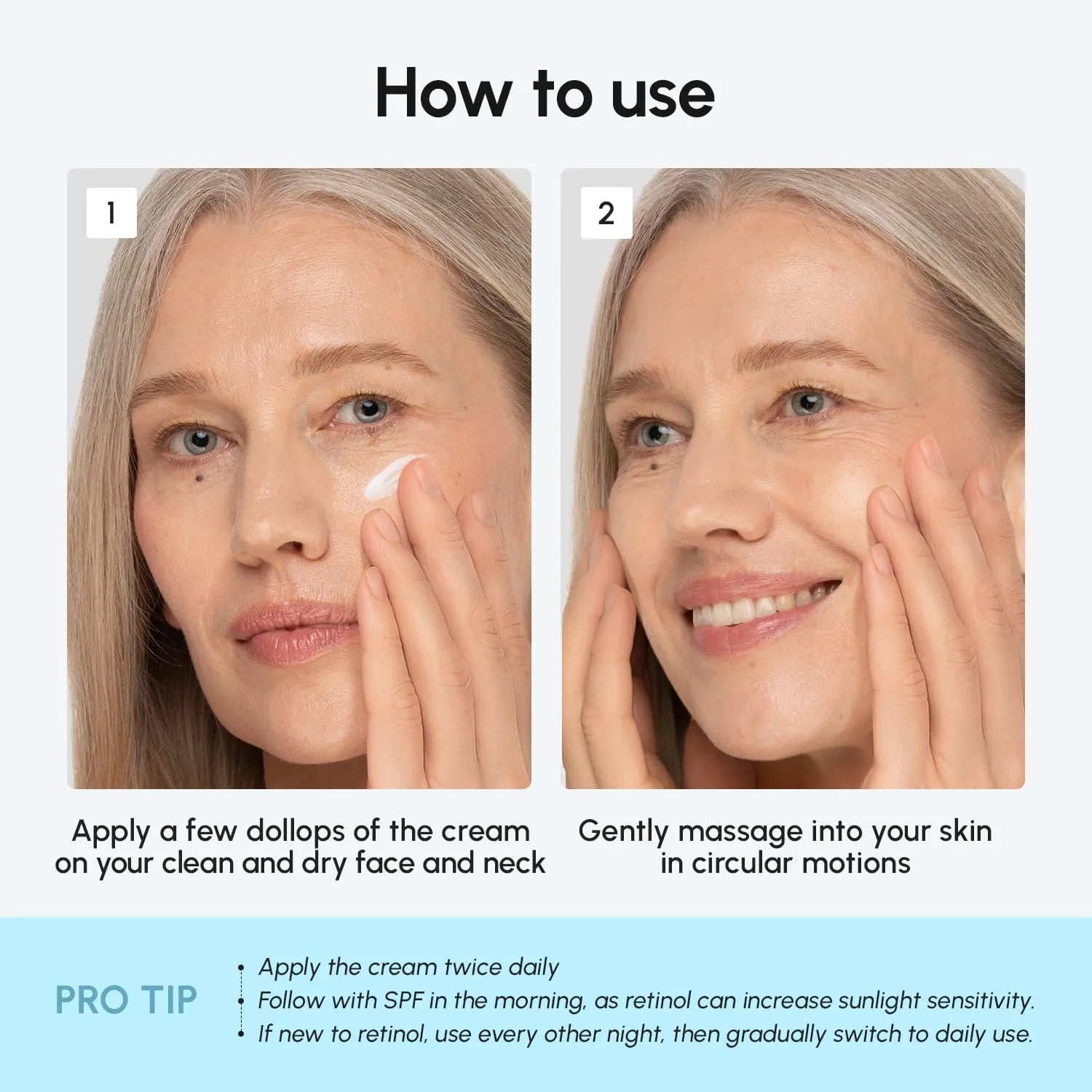 Woman applying MAREE Collagen & Retinol Face Cream to clean skin with step-by-step usage instructions.