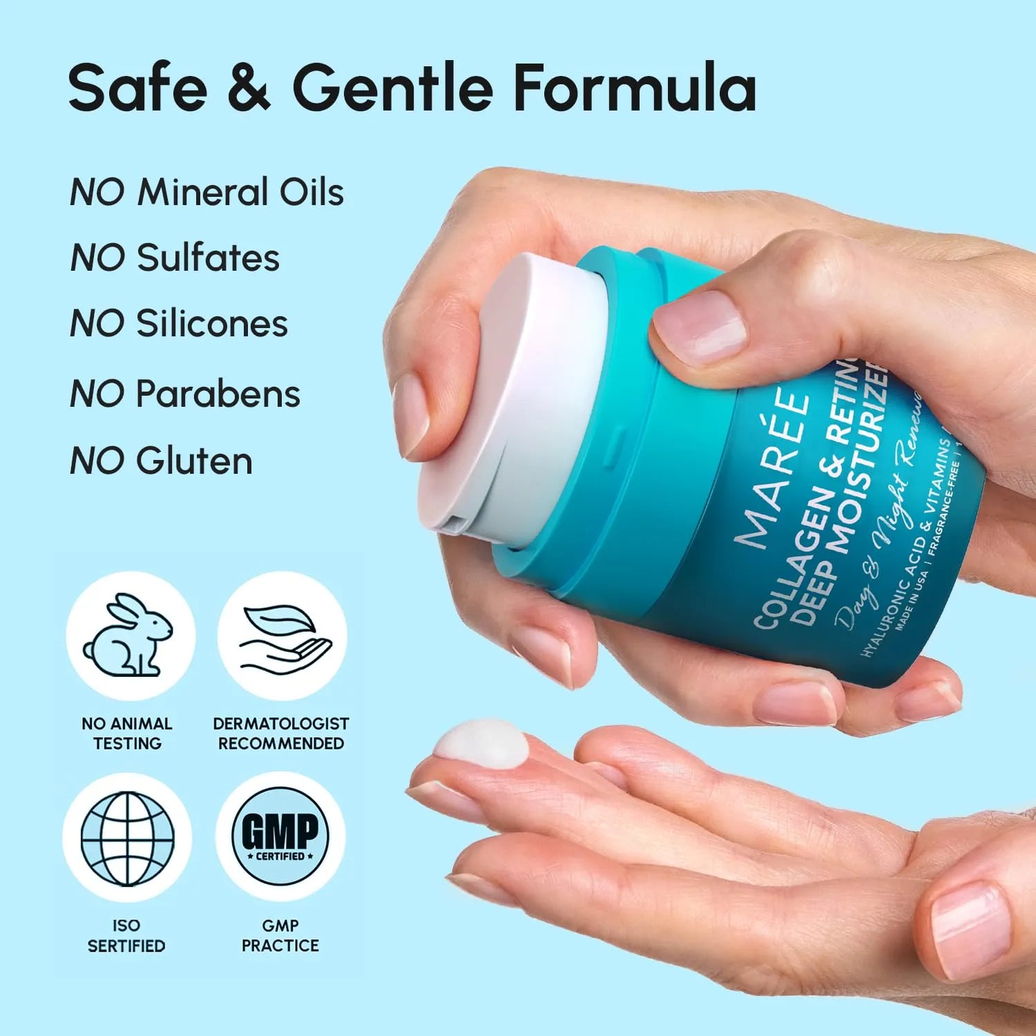 MAREE Collagen & Retinol Deep Moisturizer jar showing safe formula claims including no mineral oils, sulfates, silicones, parabens, or gluten.