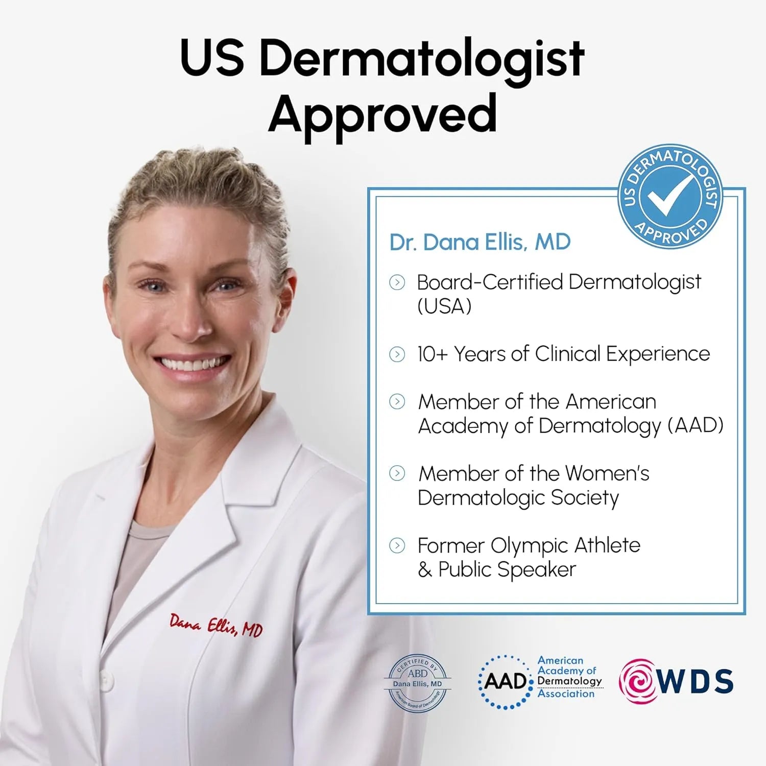 Board certified dermatologist shown with MAREE under eye gel patches labeled as dermatologist approved.