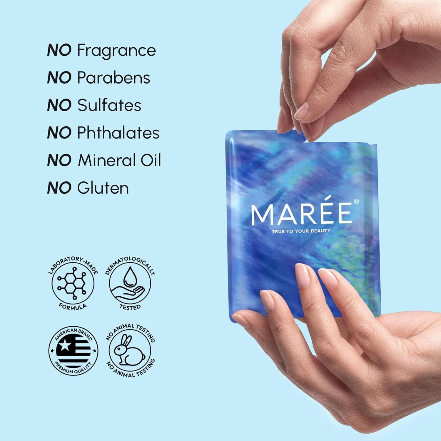 MAREE under eye gel patches highlighting no fragrance, no parabens, no sulfates, no phthalates and no mineral oil.