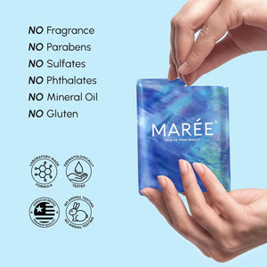 MAREE under eye gel patches highlighting no fragrance, no parabens, no sulfates, no phthalates and no mineral oil.