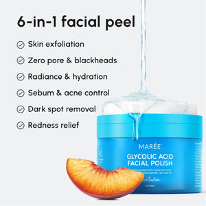 MAREE Glycolic Acid Facial Polish highlighting exfoliation, hydration support, pore appearance improvement, and skin clarity benefits.