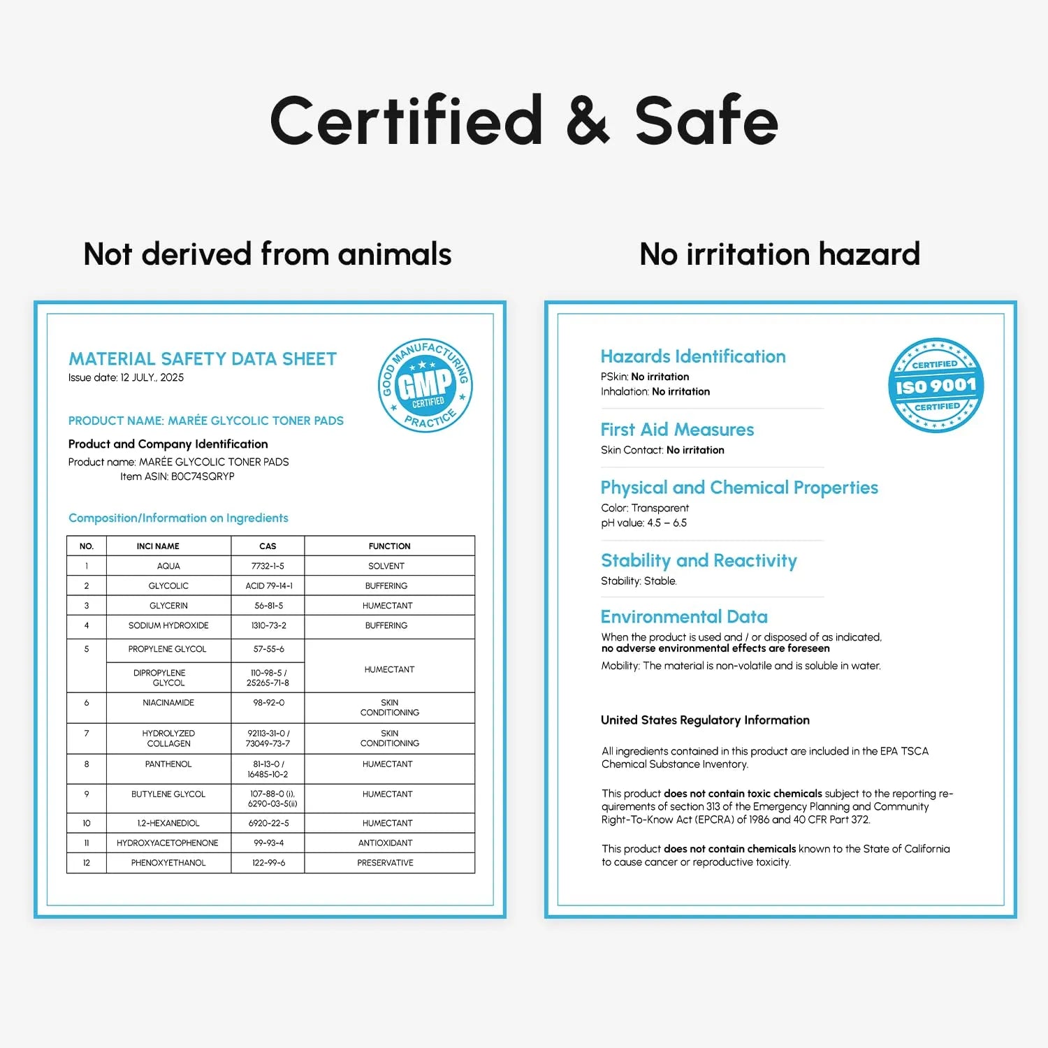 MAREE Glycolic Acid Facial Polish showing certified safe formula with GMP and ISO standards and ingredient transparency sheet.