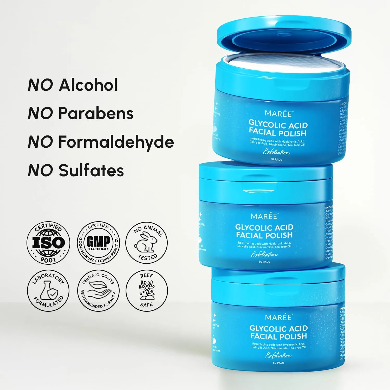 MAREE Glycolic Acid Facial Polish pads highlighting no alcohol, no parabens, no sulfates, and dermatologist formulated formula.