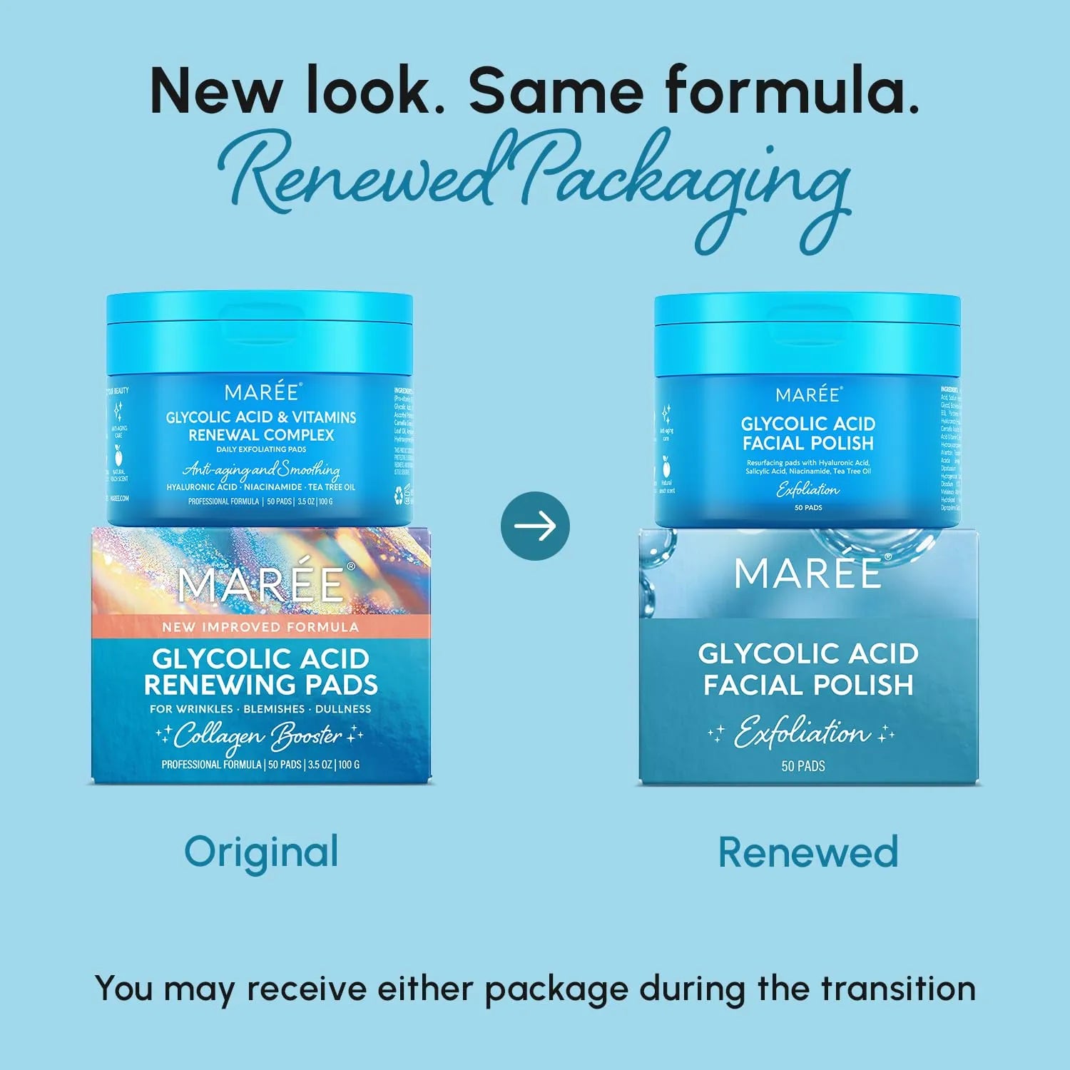 Comparison of original and renewed packaging of MAREE Glycolic Acid Facial Polish pads during transition period.