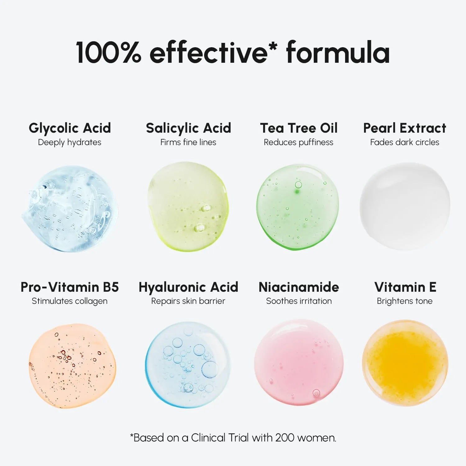 Close-up display of glycolic acid, salicylic acid, tea tree oil, hyaluronic acid, niacinamide, and vitamin E in MAREE facial pads.