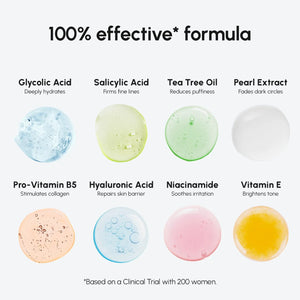 Close-up display of glycolic acid, salicylic acid, tea tree oil, hyaluronic acid, niacinamide, and vitamin E in MAREE facial pads.