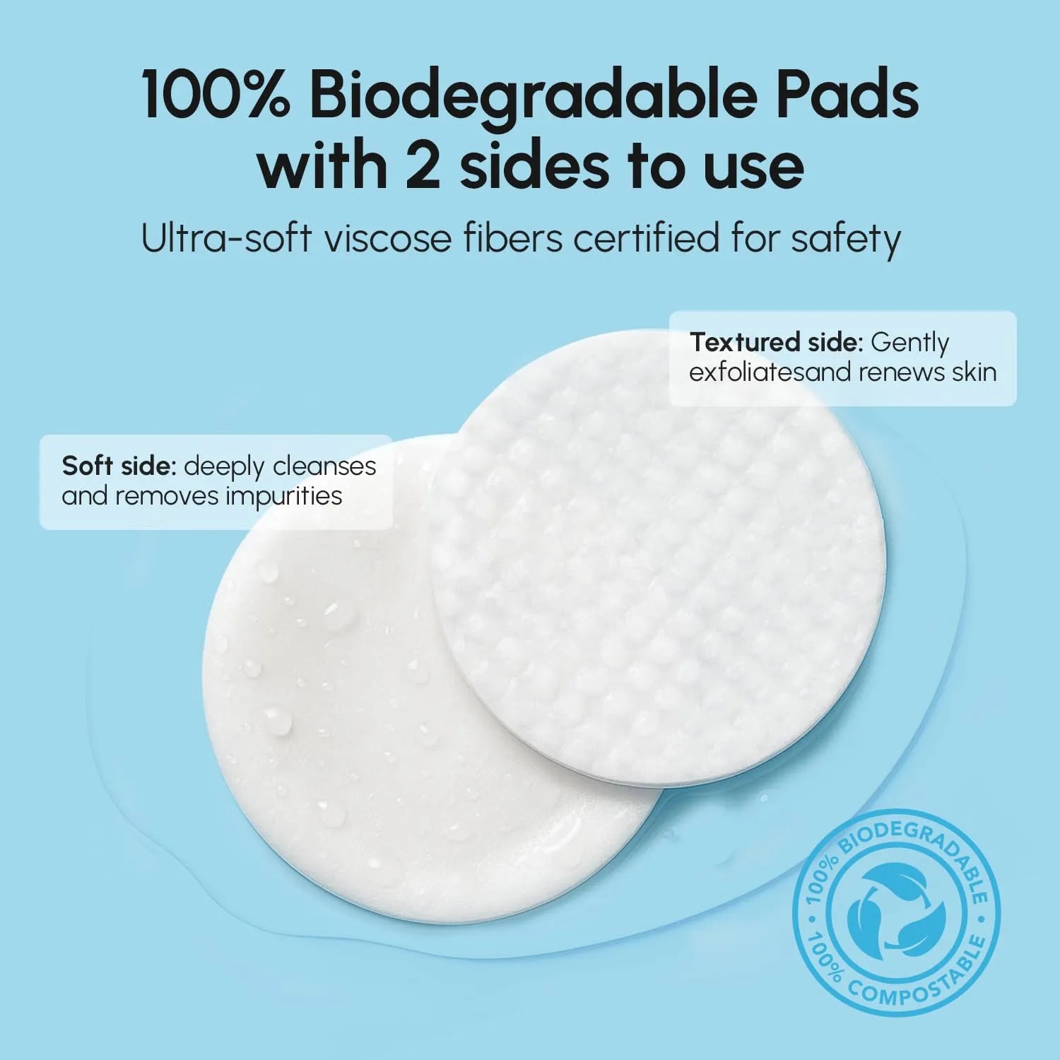 MAREE Glycolic Acid toner pads showing dual-sided biodegradable design with textured exfoliating side and soft cleansing side.