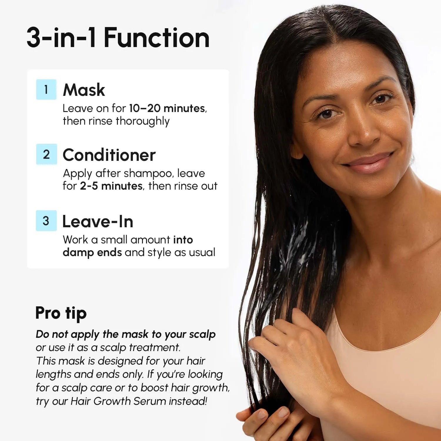 MAREE Keratin Hair Mask instructions showing mask, conditioner, and leave in application methods