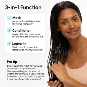 MAREE Keratin Hair Mask instructions showing mask, conditioner, and leave in application methods