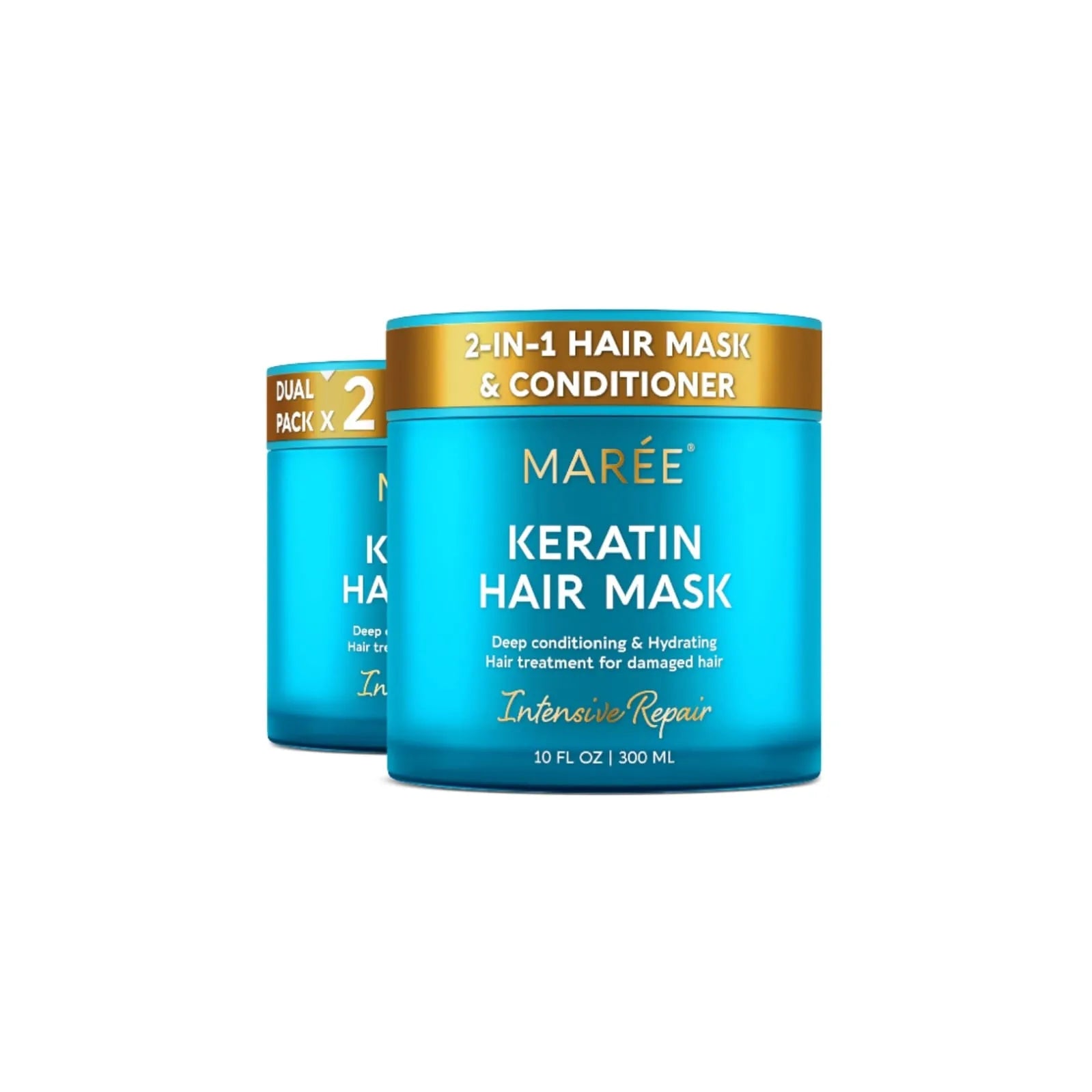 Two jars of MAREE Keratin Hair Mask 10 fl oz labeled 2 in 1 hair mask and conditioner dual pack
