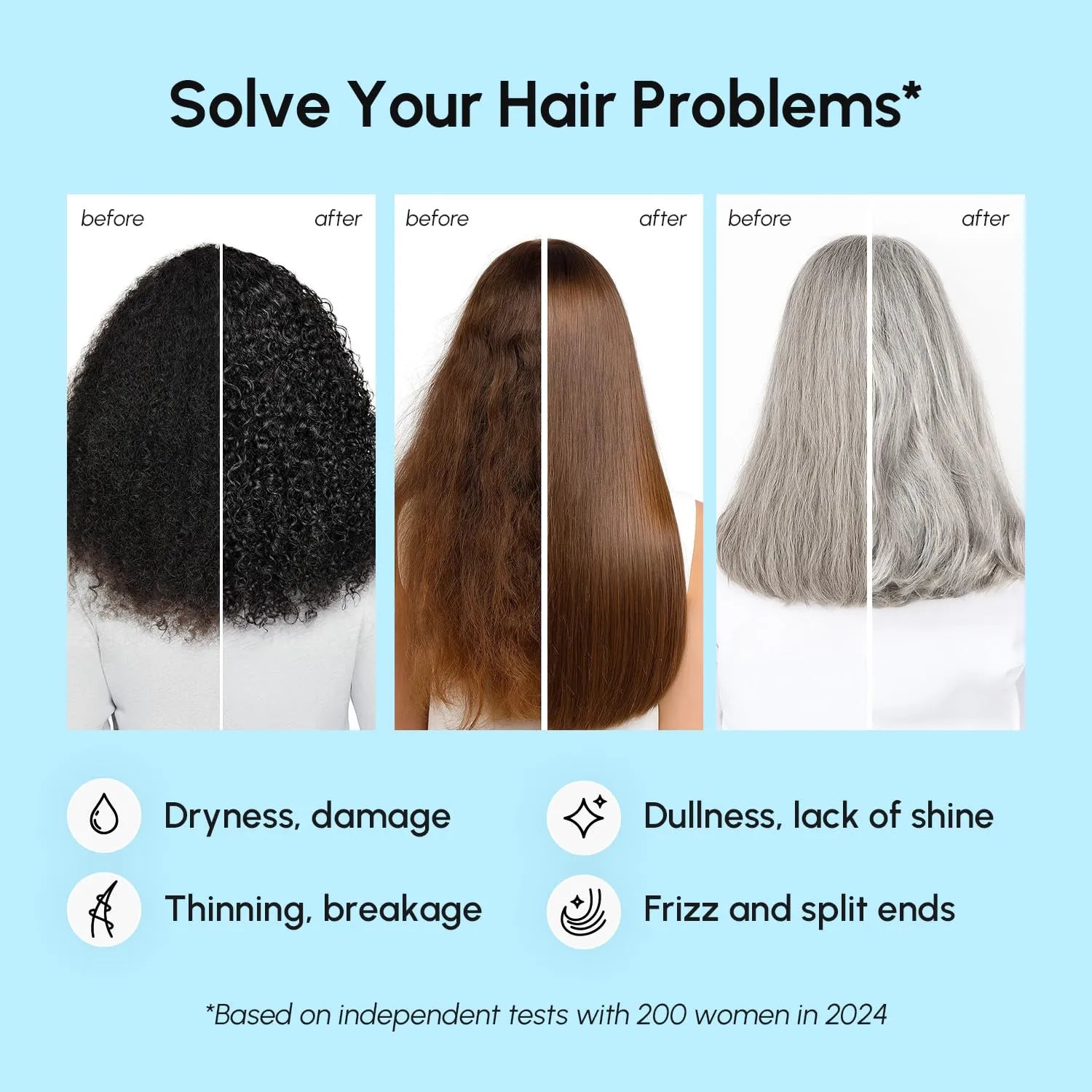 Multiple before and after comparisons showing dry, frizzy, and dull hair improvement after treatment