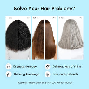Multiple before and after comparisons showing dry, frizzy, and dull hair improvement after treatment