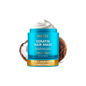 MAREE Keratin Hair Mask 10 fl oz jar with coconut ingredient displayed beside product