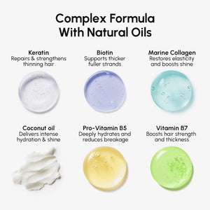 Ingredient highlights of MAREE Keratin Hair Mask including keratin, biotin, marine collagen, coconut oil, and vitamins