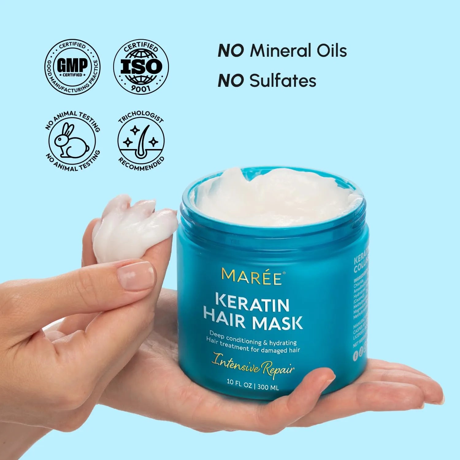 Open jar of MAREE Keratin Hair Mask showing creamy texture with no mineral oils and no sulfates label