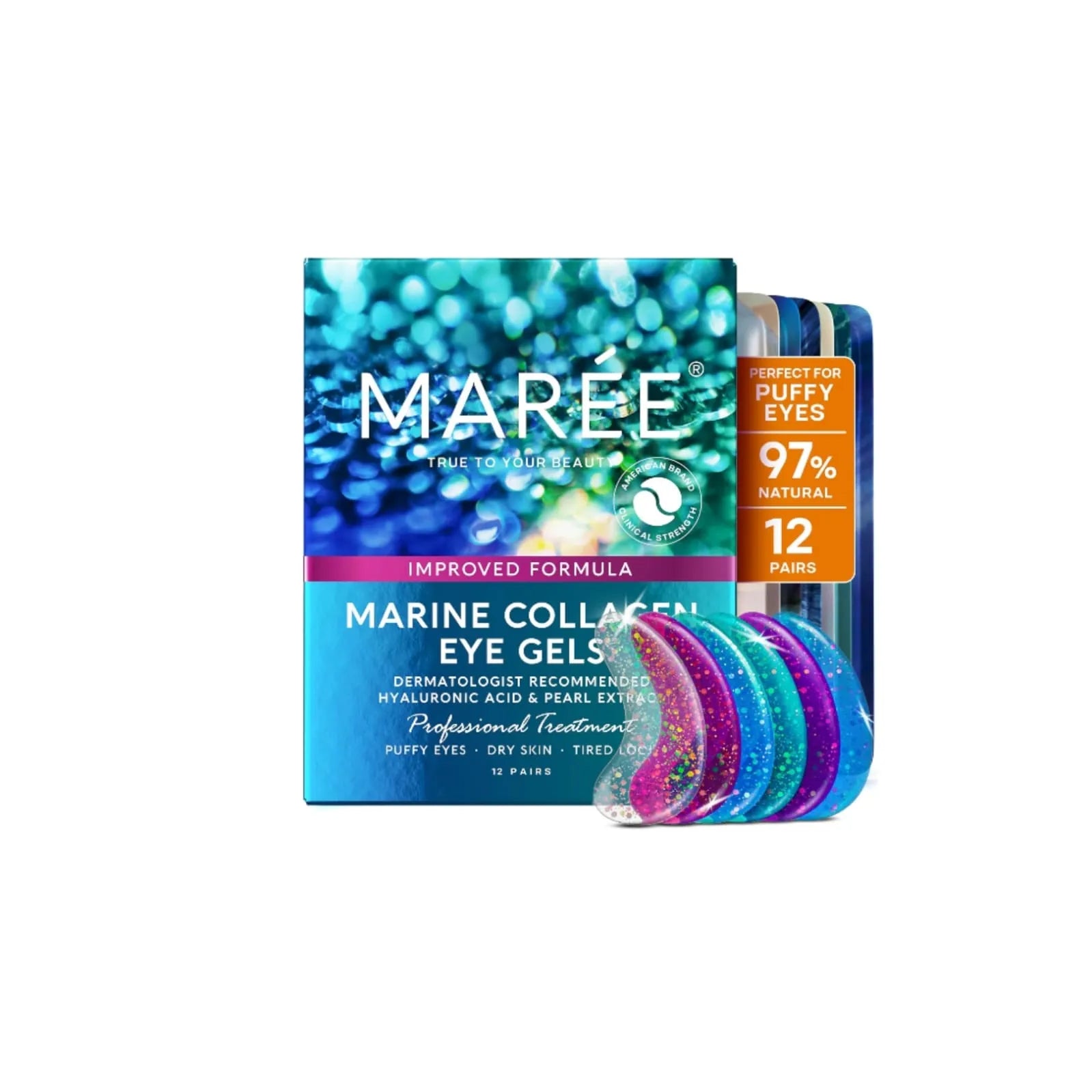 MAREE Marine Collagen Eye Gels box packaging showing 12 pairs hydrogel patches for under eye care.