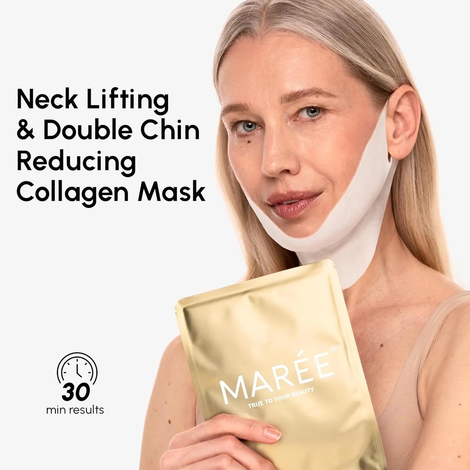 Woman wearing MAREE 24K Gold Chin Lifting Mask designed for neck and jawline care with 30 minute application time.